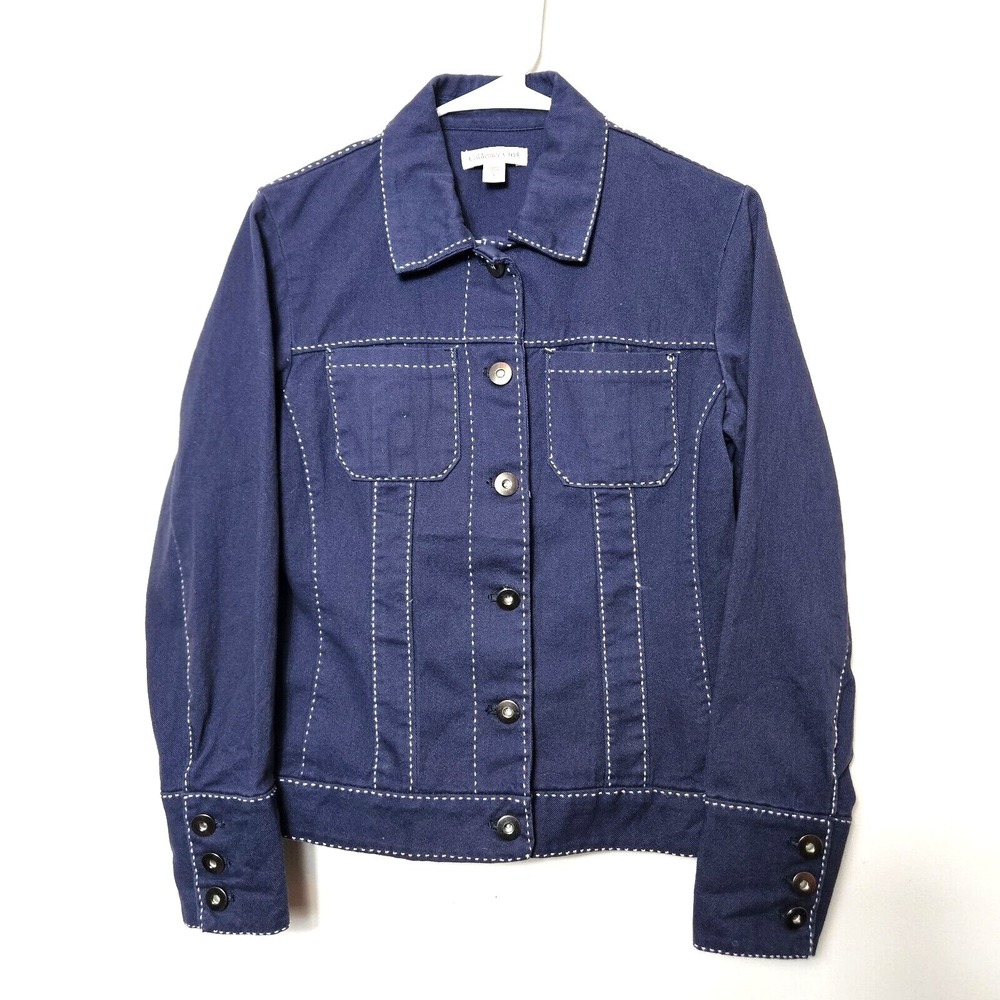 Coldwater Creek Womens Navy‎ Contrast Stitch Cotton Button Front Jacket 6 Small